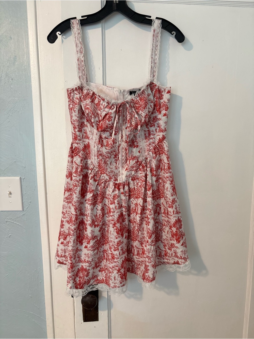 Boohoo Red and White Toile Lace-Trim Sundress